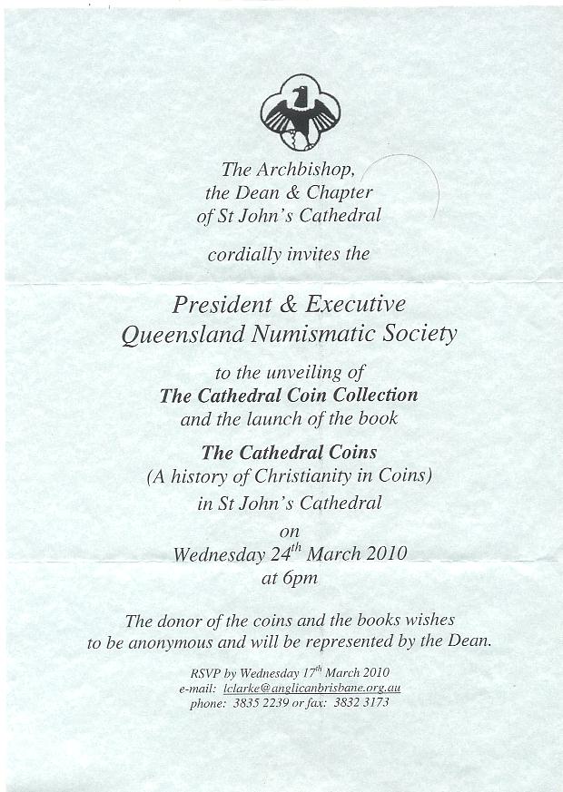 Invitation to the unveiling of The Cathedral Coin Collection